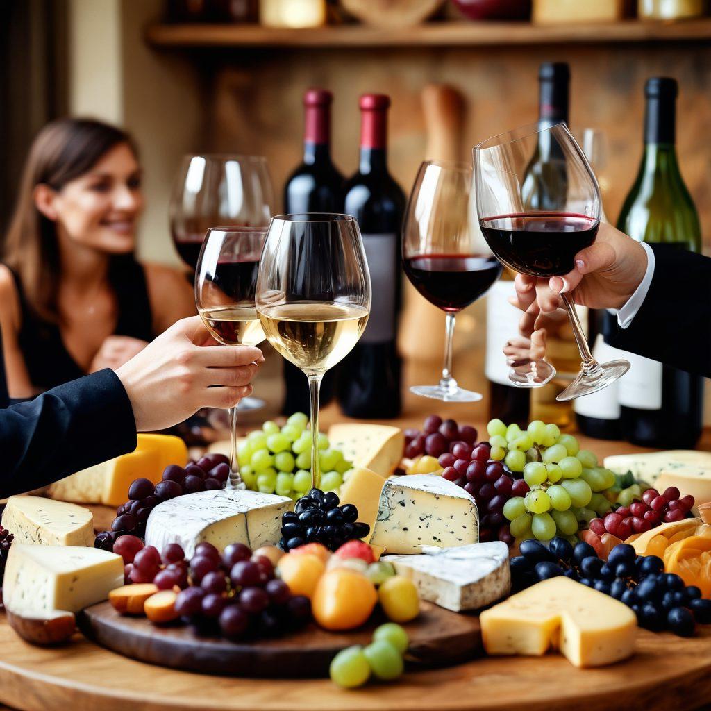 A sophisticated wine tasting scene featuring a beautifully arranged table with various wine bottles and glasses, surrounded by a selection of gourmet cheeses and fruits. Include a diverse group of friends raising their glasses in a toast, celebrating together. The background should have softly blurred, elegant decor, enhancing the cozy ambiance. super-realistic. warm tones. rich textures.