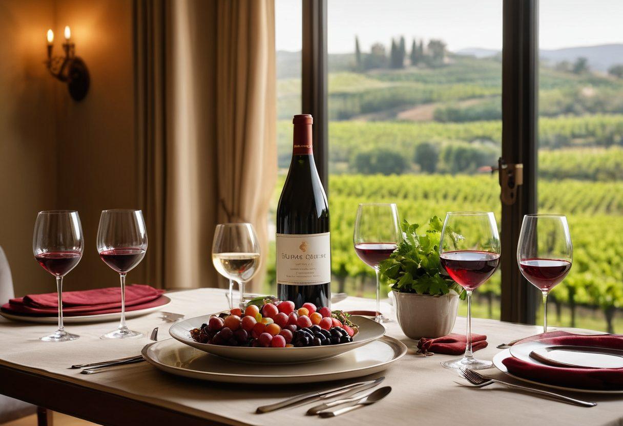 A beautifully set dining table featuring an array of gourmet dishes paired with elegant wine glasses filled with rich reds and crisp whites. Soft, warm lighting enhances the atmosphere, while a lush vineyard landscape is visible through an open window in the background. A stylish wine bottle stands prominently on the table, showcasing its label. The scene exudes a sense of luxury and indulgence. super-realistic. vibrant colors. elegant ambiance.