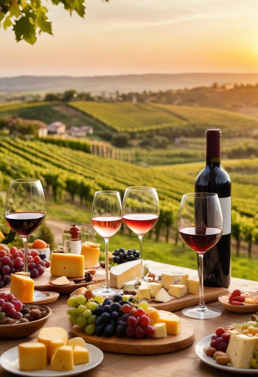 A beautifully arranged wine tasting scene featuring a variety of wine bottles, elegant glasses filled with red, white, and rosé wines, surrounded by cheese and fruit platters. A backdrop of a vineyard at sunset accentuates the ambiance, with a group of diverse people engaged in lively conversation about wine. The focus is on the intricate details of the wine labels and the colors of the wines. artistic photography. warm lighting. natural colors.